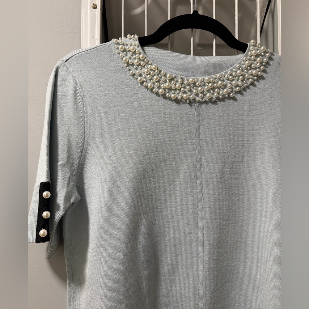 NWT Karl Lagerfeld Light Blue Pearl-Embellished Top, Sz S - Picture 2 of 8